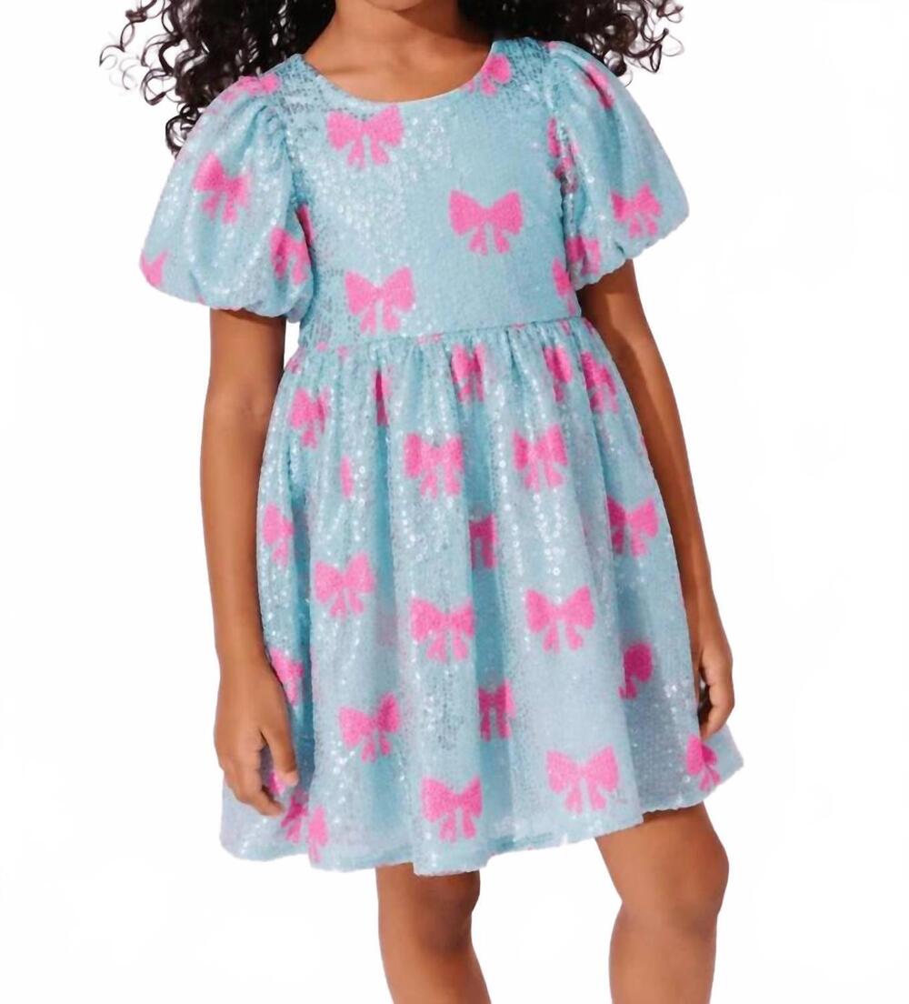 NEW LOLA + THE BOYS pretty in bows sequin dress in blue/ pink